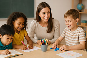 Eine Betreuerin kümmert sich um drei Grundschulkinder - KI-generierte Illustration zu der Suche nach Kursleitungen zur Ganztagsschulkindbetreuung.