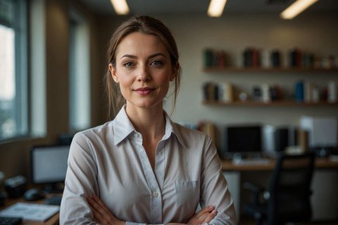 Das Bild zeigt eine freundlich schauende Frau mit verschr&auml;nkten Armem.