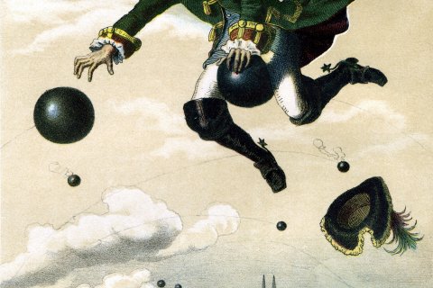 Die historische kolorierte Zeichnung stellt den Baron von M&uuml;nchhausen dar, wie er auf einer Kanonenkugel reitet. 