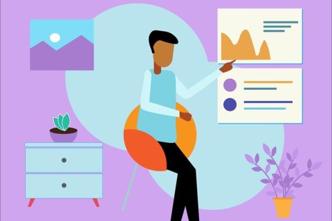 Die Illustration zeigt eine Person, die im B&uuml;ro arbeitet und ein Thema pr&auml;sentiert. 