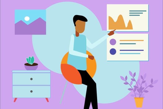 Die Illustration zeigt eine Person, die im B&uuml;ro arbeitet und ein Thema pr&auml;sentiert. 