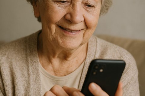 Das Bild zeigt eine alte Dame. Sie tippt auf einem Smartphone.