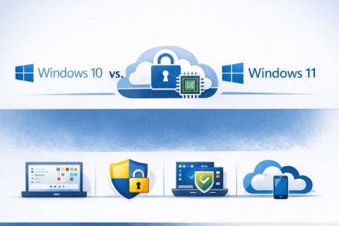 Das Bild zeigt eine klare, digitale Infografik, die Windows 10 und Windows 11 vergleicht, mit Symbolen f&uuml;r Sicherheit, moderne Hardware, Cloud-Integration und neue Benutzeroberfl&auml;chen, alles in Blau- und Wei&szlig;t&ouml;nen.