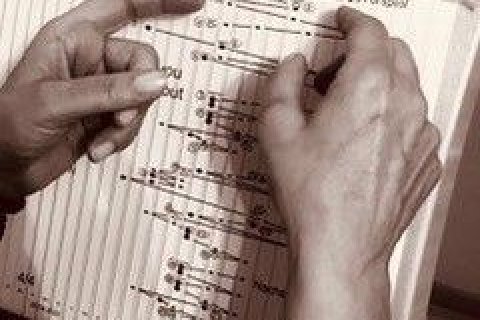 Das Foto zeigt zwei H&auml;nde beim Spielen einer Tischharfe. 