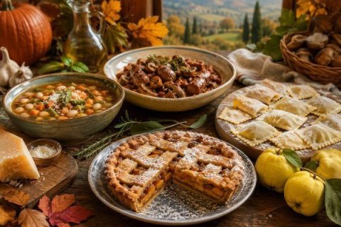 Mehrere italienische Gerichte in herbstlicher Stimmung 