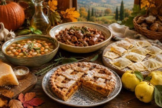 Mehrere italienische Gerichte in herbstlicher Stimmung 