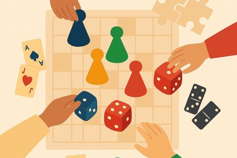 Illustration eines Spieleabends: Vier H&auml;nde unterschiedlicher Herk&uuml;nfte greifen von den Seiten zu einem Spielbrett mit bunten Spielfiguren und W&uuml;rfeln. Um das Brett liegen Spielkarten, Dominosteine, Puzzleteile und Sprechblasen-Symbole.