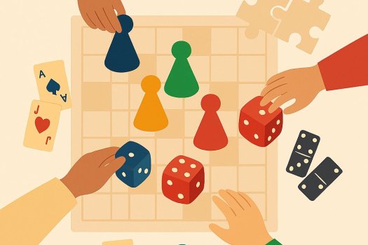 Illustration eines Spieleabends: Vier H&auml;nde unterschiedlicher Herk&uuml;nfte greifen von den Seiten zu einem Spielbrett mit bunten Spielfiguren und W&uuml;rfeln. Um das Brett liegen Spielkarten, Dominosteine, Puzzleteile und Sprechblasen-Symbole.