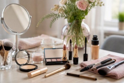 Kosmetikprodukte, Pinsel und Spiegel auf einem hellen Tisch als Vorbereitung f&uuml;r einen Kurs zum Tages-Make-up.