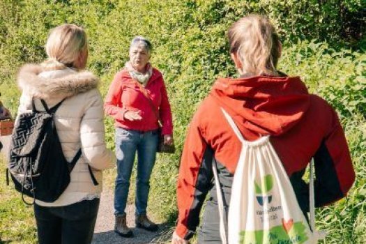 Kursleitung Heiderose Rentschler beim Erkl&auml;ren der Wildkr&auml;uter