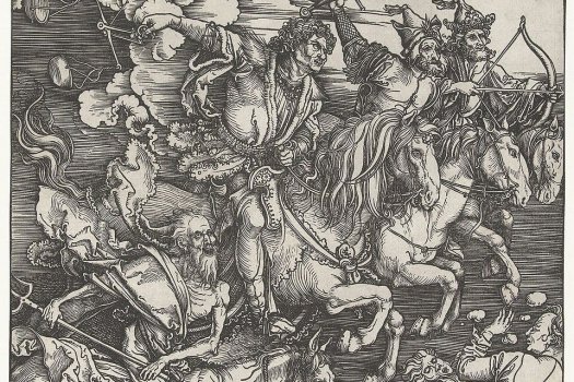 Stich von Albrecht D&uuml;rer: Darstellung der vier apokalyptischen Reiter. 