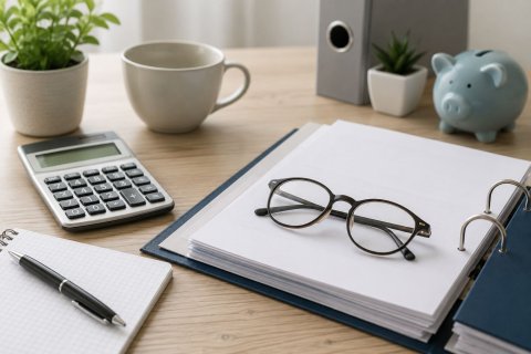 Das Bild zeigt einen Tisch mit ge&ouml;ffnetem Ordner, Block, Taschenrechner und einer Brille.