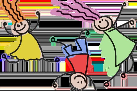 Bunte Kinderzeichnung mit drei fr&ouml;hlich h&uuml;pfenden Kindern in Bewegung, stilisiert und verspielt illustriert.
