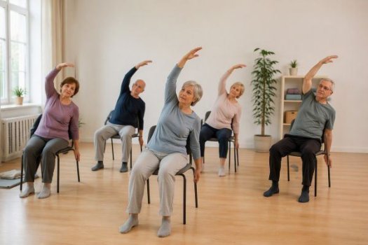 Mehrere Erwachsene &uuml;ben in einem hellen Kursraum Stuhl-Pilates. Die Teilnehmenden sitzen auf St&uuml;hlen und f&uuml;hren gemeinsam eine seitliche Dehn&uuml;bung aus.