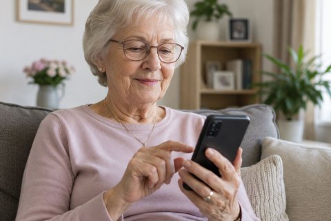 Das Bild zeigt eine Seniorin in einer hellen, gem&uuml;tlichen Wohnzimmereinrichtung, die konzentriert ein Smartphone bedient.