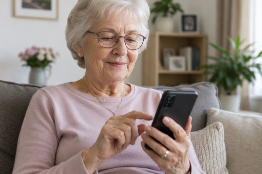 Das Bild zeigt eine Seniorin in einer hellen, gem&uuml;tlichen Wohnzimmereinrichtung, die konzentriert ein Smartphone bedient.