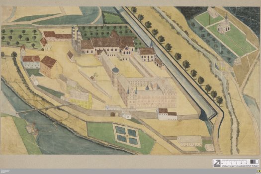 Klosters Hirsau aus der Vogelschau vor seiner Zerst&ouml;rung im Jahre 1692, aquarellierte Bleistiftzeichnung um 1800, wohl auf Basis &auml;lterer Vorlagen (WLB Stuttgart Schef. fol. 3038)