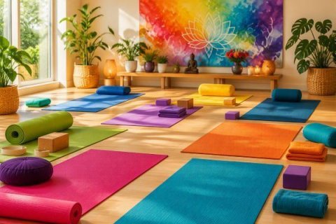 Das Bild zeigt einen Raum mit bunten Yogamatten und bunter Einrichtung 