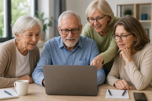 Auf dem Bild sind vier Senior/innen zu sehen, die gemeinsam auf ein Laptop schauen.