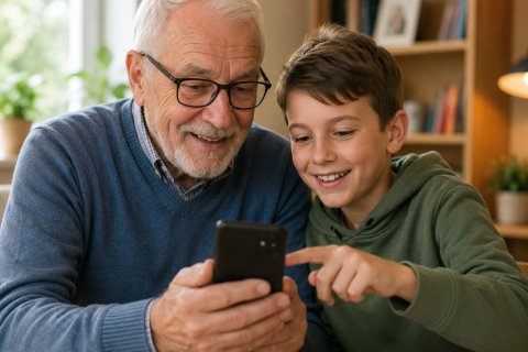 Auf dem Bild ist zu sehen, wie ein Senior und ein Kind gemeinsam auf ein Smartphone schauen.