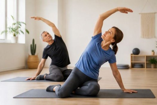 Das Bild zeigt zwei Personen bei einer Pilates-&Uuml;bung. 