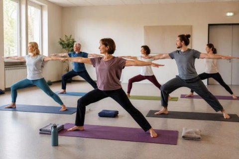 Mehrere Erwachsene unterschiedlichen Alters &uuml;ben gemeinsam Yoga auf Matten in einem hellen Kursraum. Die Gruppe f&uuml;hrt eine stehende Yoga-Haltung aus