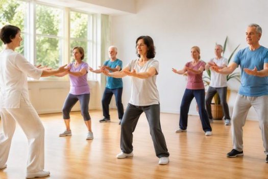 Das KI-generierte Bild zeit eine Gruppe von Menschen bei Qigong-&Uuml;bungen