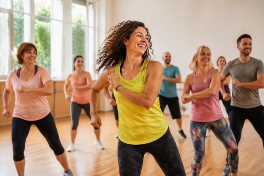 Eine gemischte Gruppe Zumba-tanzender Personen 