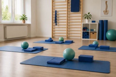 Heller Gymnastikraum mit ausgelegten Matten, Gymnastikb&auml;llen und Trainingsmaterialien