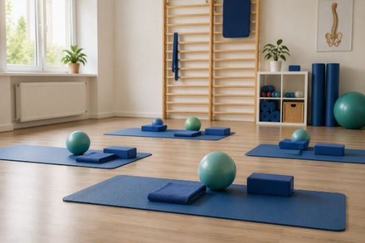Heller Gymnastikraum mit ausgelegten Matten, Gymnastikb&auml;llen und Trainingsmaterialien
