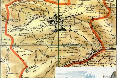 Die Gemarkung der Gemeinde Dobel sowie historische Ansicht aus dem Dobler Dorbuch 1509.
