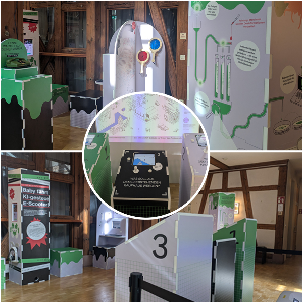 Collage Raumansicht der Ausstellung im Foyer der vhs Calw